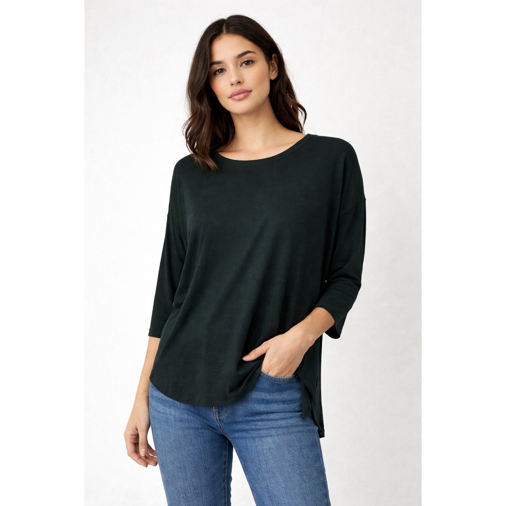 Club Monaco Dark Green/Black 3/4 Sleeve Side Slit Tunic Top Womens Size S Petite